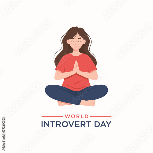 An illustrated serene woman meditates with closed eyes in a lotus pose, celebrating World Introvert Day