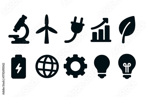 Energy and ecology solid icon set. Renewable resources and sustainability symbols