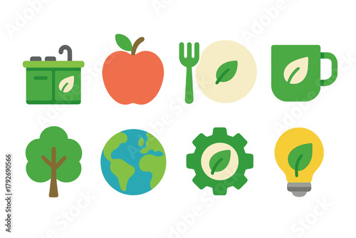 Eco-friendly flat icon set for sustainability and green living initiatives