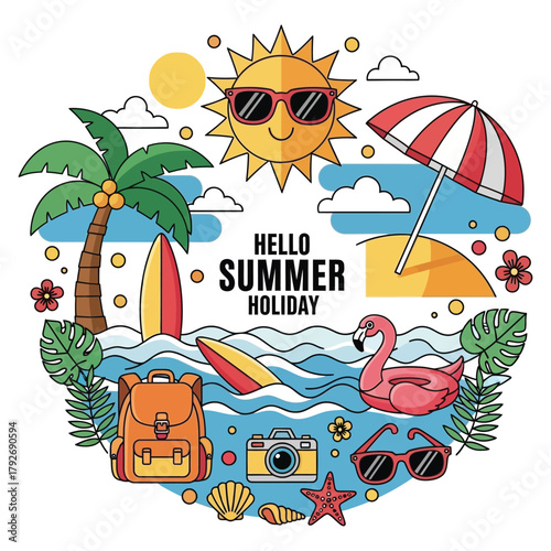 Vibrant summer holiday scene bursting with tropical fun, sunshine, and beach essentials for your next vacation project