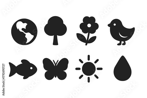Nature and environment silhouette icon set. Ecosystem, wildlife, and conservation icons.