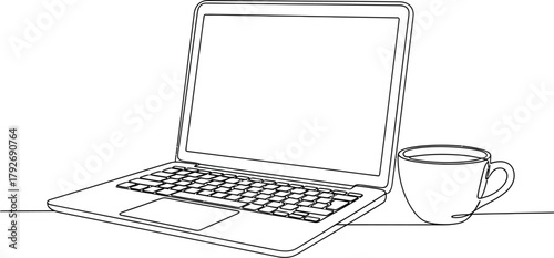 A minimalist line art illustration of an open laptop computer next to a steaming cup of coffee, symbolizing work and relaxation