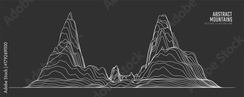 Contour mountain landscape. Waved line art. Abstract minimal topographic map. Contour lines with elevations and terrain depth. Vector illustration.