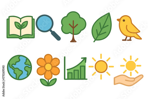 Nature, environment flat icon set. Sustainability, ecology symbols collection.