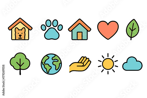 Environment and pet care outline icon set. Eco-friendly, animal welfare icons collection