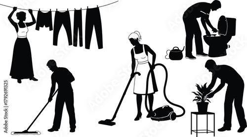 Household, chores, silhouette, cleaning, domestic, task, mop, vacuum, toilet, watering, clothesline, black, white, illustration, activity, home, maintenance, hygiene, routine, figure, work