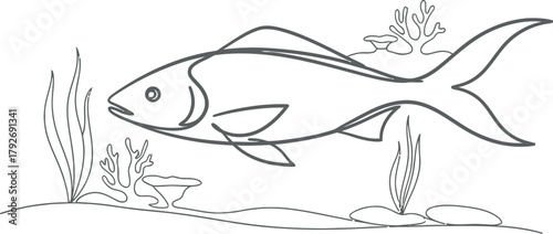 A simple line drawing of a fish swimming in the ocean, surrounded by aquatic plants and coral, depicted in a single continuous line style