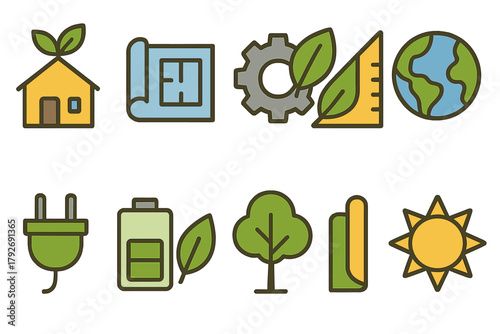 Sustainable energy flat icon set. Eco-friendly, renewable resources flat icons collection