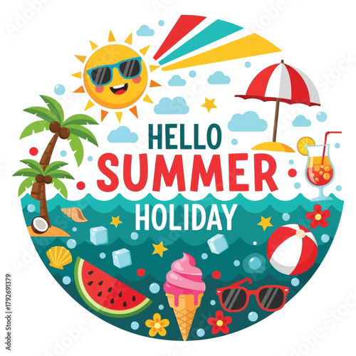 Vibrant summer holiday scene with sunny beach elements, refreshing drinks, and tropical vibes perfect for vacation promotions and joyful celebrations.