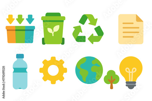 Recycling and sustainability flat icon set. Eco-friendly, waste management icons collection.