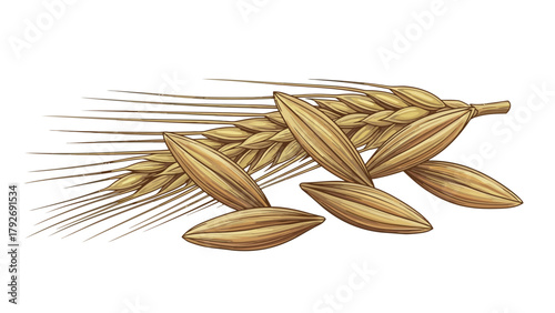 Closeup illustration of oat grains and a stalk on a white background
