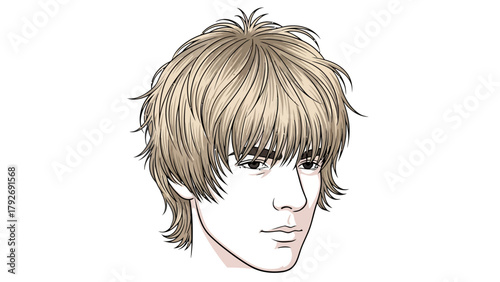 Closeup illustration of a young persons head and shoulders with tousled light brown hair