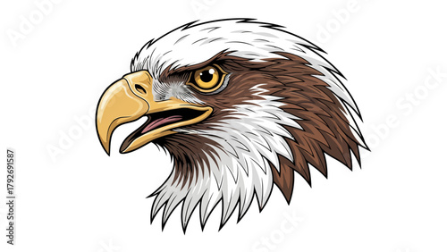 Closeup of a bald eagles head facing left beak open