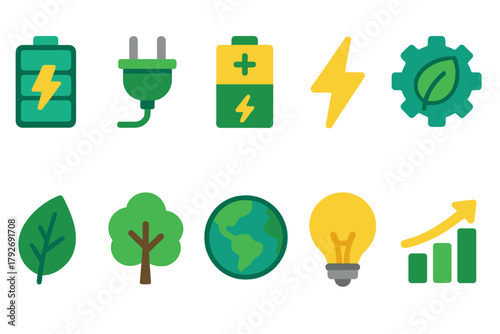 Eco-friendly energy icon set. Renewable power flat icons for green projects
