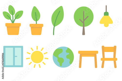 Nature and home flat icon set. Environmental and household symbols flat collection