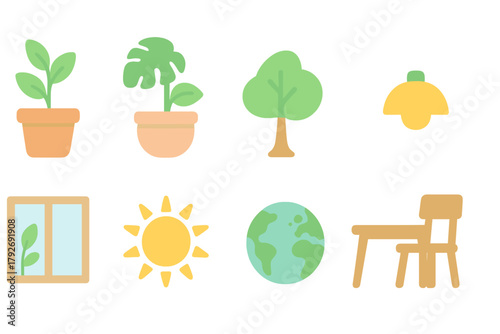 Home and nature flat icon set. Eco-friendly, plant, environment, sustainable icons