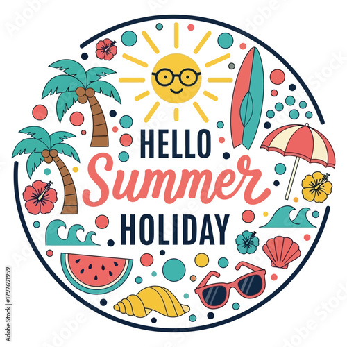 Vibrant summer holiday vibes with cheerful sun, palm trees, and beach essentials signaling fun vacation excitement