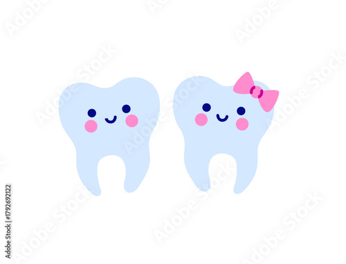 Tooth characters. Cute teeth couple. Kids Dental Care Concept. Pediatric Dentistry. Kawaii cartoon style. Vector isolated illustration.