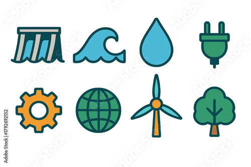 Renewable energy icon set. Eco-friendly, sustainable power outline icon collection