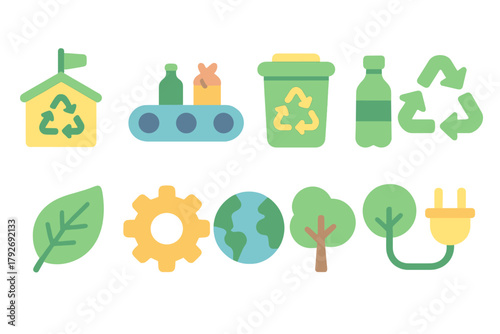 Recycling and sustainability icon set. Eco-friendly, waste management icons in flat style