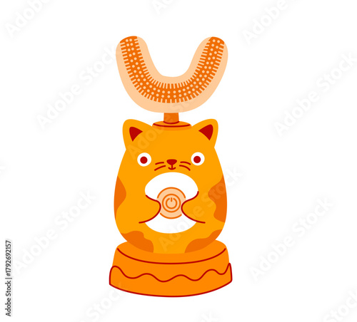 U-shaped electric toothbrush. Cute cat character design. Innovative oral care concept for children dental hygiene. Vector isolated illustration.
