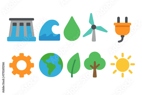 Renewable energy flat icon set. Eco, sustainability, and green energy icons collection