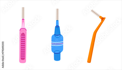 Interdental brush for cleaning teeth gaps. Oral care and dental hygiene tool. Hand drawn vector illustration.