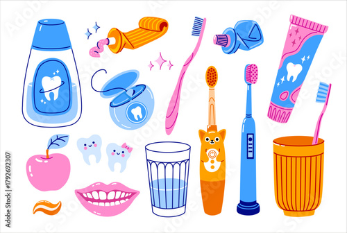 Oral hygiene set. Toothbrushes, dental floss, smiling teeth, mouthwash and toothpaste. Colorful trendy set of vector hand-drawn isolated illustration.