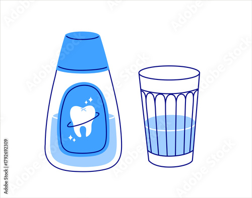 Mouthwash bottle and glass of water. Oral hygiene and fresh breath concept. Daily oral care routine. Hand drawn isolated vector illustration.