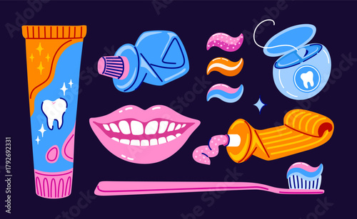 Toothpaste, toothbrush, dental floss and smiling teeth. Trendy colorful hand drawn set. Vector isolated illustration.