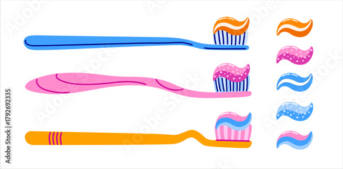 Toothbrushes and blob of toothpaste. Toothpaste streak. Concept of daily dental hygiene routine. Vector isolated illustration.