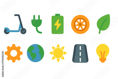 Eco, transportation flat icon set. Renewable, green energy, mobility symbols collection