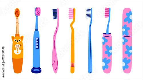Set of various toothbrushes. Electric, manual, kids toothbrush types. Colorful set of vector hand drawn isolated illustration.