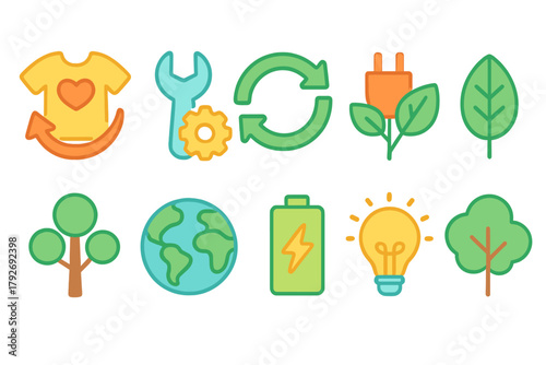 Eco-friendly, sustainability flat icon set. Green living and recycling concepts collection