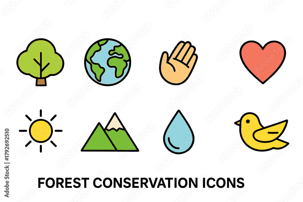 Obraz premium Environmental, forest conservation flat icon set. Nature protection, ecology icons collection