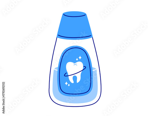 Mouthwash bottle. Oral hygiene and fresh breath concept. Daily oral care routine. Hand drawn isolated vector illustration.