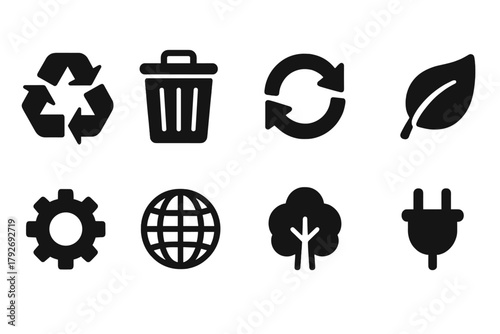 Recycling and eco solid icon set. Environment, green technology solid icons collection