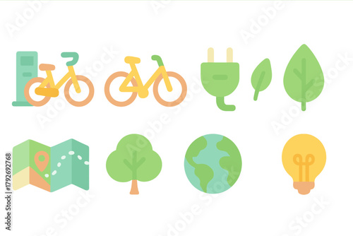 Eco-friendly, sustainability flat icon set. Green energy, environment preservation icons.