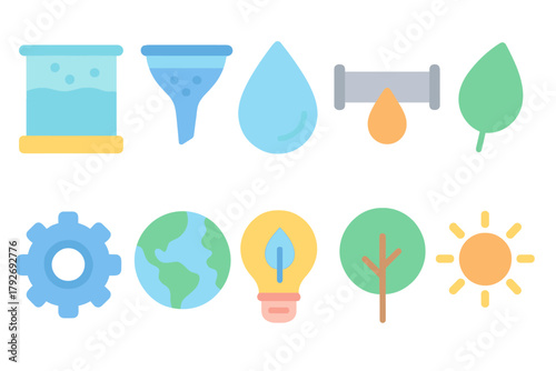 Sustainability and eco conservation flat icon set: environment, nature, green icons
