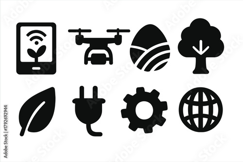 Eco-friendly silhouette icon set for sustainable tech, nature, and green energy