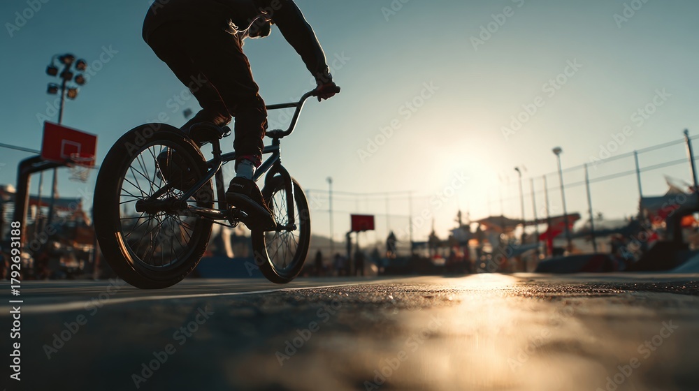 Fototapeta premium Silhouette of bmx rider performing stunts at sunset in a vibrant urban park