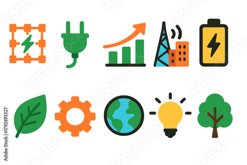 Eco energy flat icon set. Renewable, sustainable energy resources flat icons collection