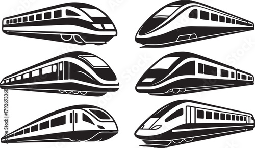 A collection of sleek black and white high speed train designs showcased
