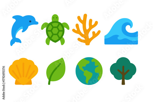 Marine life flat icon set. Ocean, nature, wildlife, sea, environment illustrations.