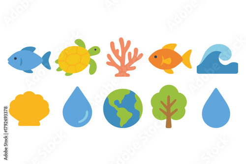 Marine life, nature flat icon set. Ocean and earth symbols flat style collection