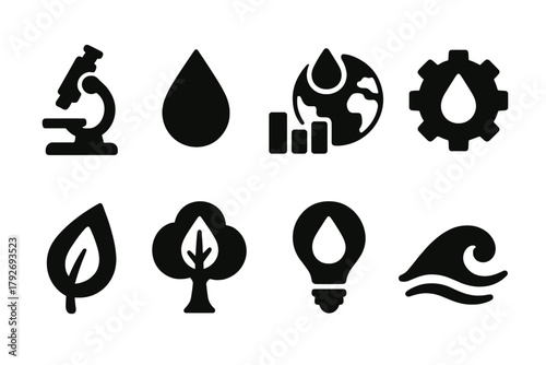 Environmental icons solid set. Nature, sustainability, conservation symbols collection