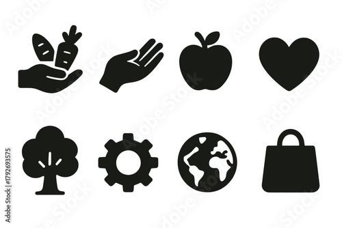 Eco-friendly lifestyle solid icon set. Sustainability, nature, eco icons collection