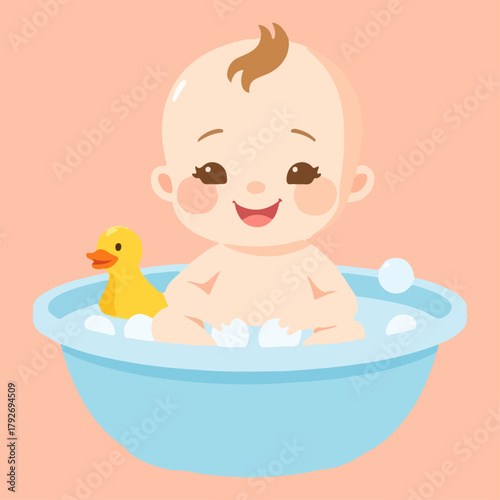 Smiling Baby Bath: Bubbles & Yellow Rubber Duck