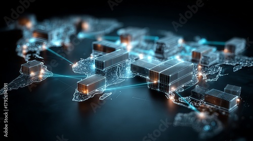 Global supply chain and data network concept: container or server blocks on world map with glowing connections, for logistics and technology background.