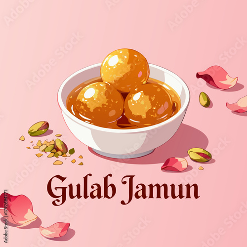 Gulab jamun, A beautifully illustrated bowl of traditional South Asian milk-solid balls, soaked in sweet, fragrant syrup 